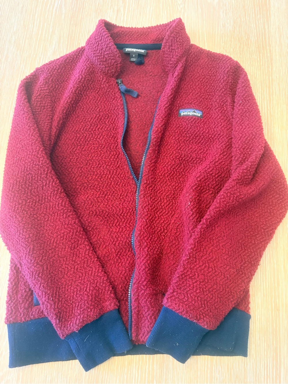 Patagonia Red Sherpa Fleece Jacket with Navy Trim
